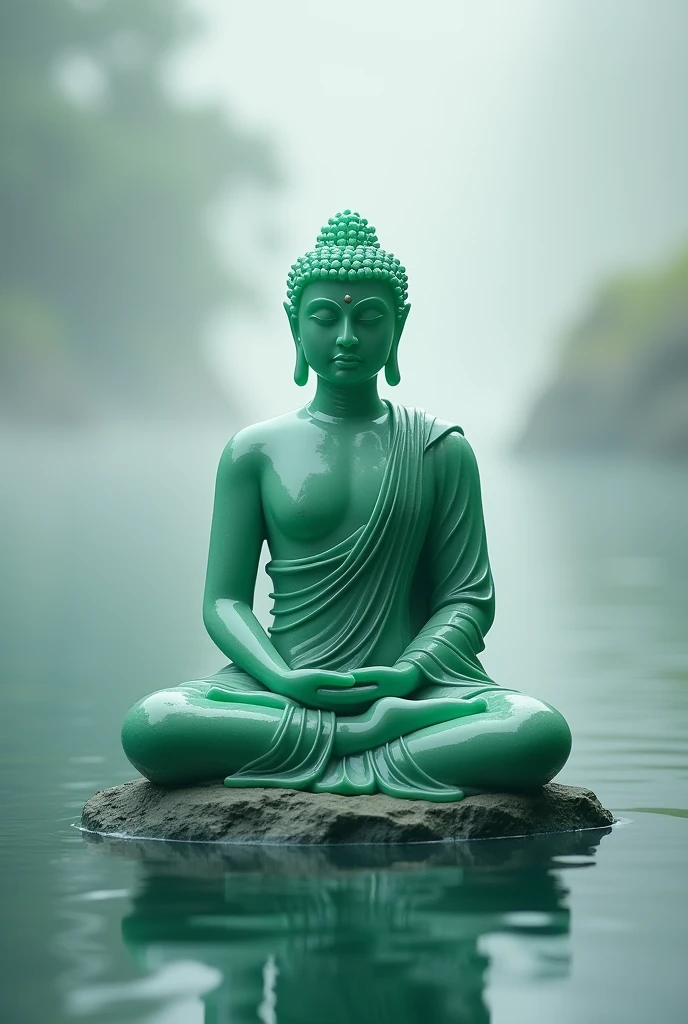 Still Life Photography，A futuristic vibranium jade Buddha statue sitting on the water，Radiating from within，Made of future metal，Realism，Still Life Photography，Minimal White Space，atmosphere，Zen，Ethereal