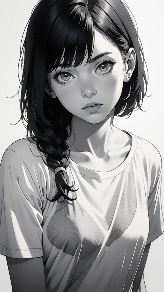 1 boyish girl, solo, sharp eyes, monochrome, greyscale, short black hair, portrait, white T-shirt, closed mouth, looking at viewer, graphite \(medium\), detailed lips, hatching \(texture\), without makeup, bangs, upper body, (best illustration), (best quality), (very detailed), (masterpiece), expressionless,
