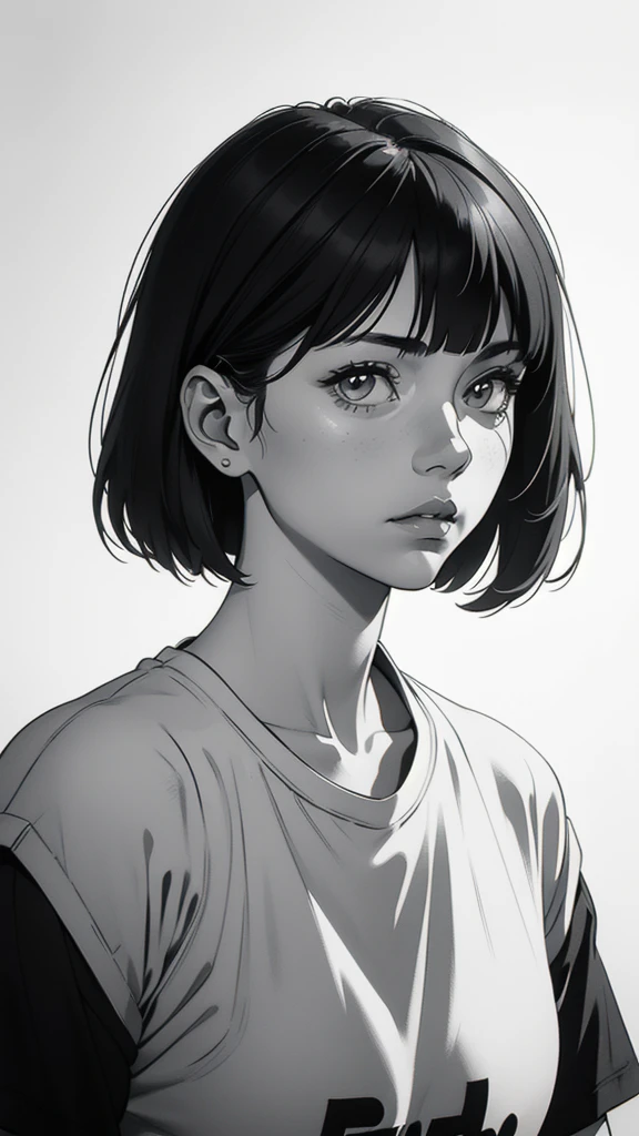 1 boyish girl, solo, sharp eyes, expressionless, monochrome, greyscale, short black hair, portrait, white T-shirt, closed mouth, looking at viewer, graphite \(medium\), detailed lips, hatching \(texture\), without makeup, bangs, upper body, (best illustration), (best quality), (very detailed), (masterpiece), expressionless,