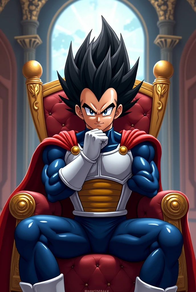 Beautiful young prince Vegeta, jet black hair like flams, Sitting on her royal throne, with his navy blue Spandex battle suit and armor, a crimson red cape over his shoulders, His face is jovial, His gaze is severe, his relaxed pose as his chin rests on his fist, Soft lighting, background pictures, window with moonlight, intricate details, warm colors