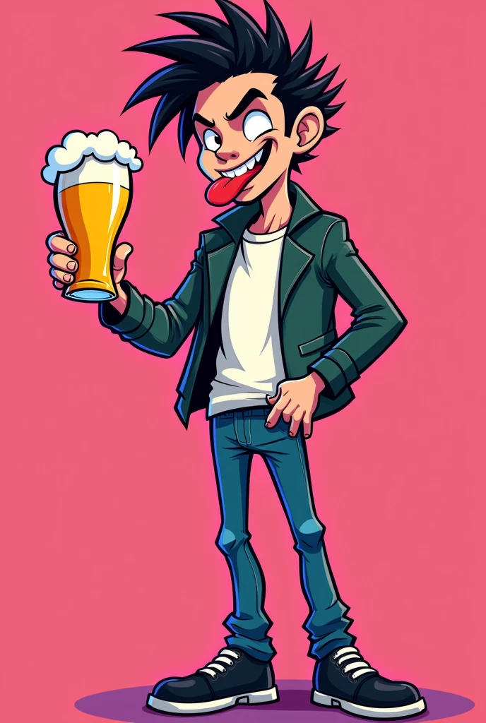 A full-body cartoon-style image of a man with a mischievous and edgy expression. He is holding a beer glass with bright, bold, and vibrant colors, in a confident and assertive pose. The man has spiky hair, sharp features, and is sticking out his tongue playfully with a smirk on his face, giving off a rebellious, cool, and cheeky vibe. His eyes are half-lidded, giving him a relaxed, slightly teasing look. He is now dressed in a different, stylish casual outfit. The background is removed, leaving the man on a plain, solid-colored background with eye-catching, neon-like colors. The scene is fun, lively, and has a bold, energetic vibe. ลิ้นยังไม่สมส่วน ขอทรงผมแนวอื่น