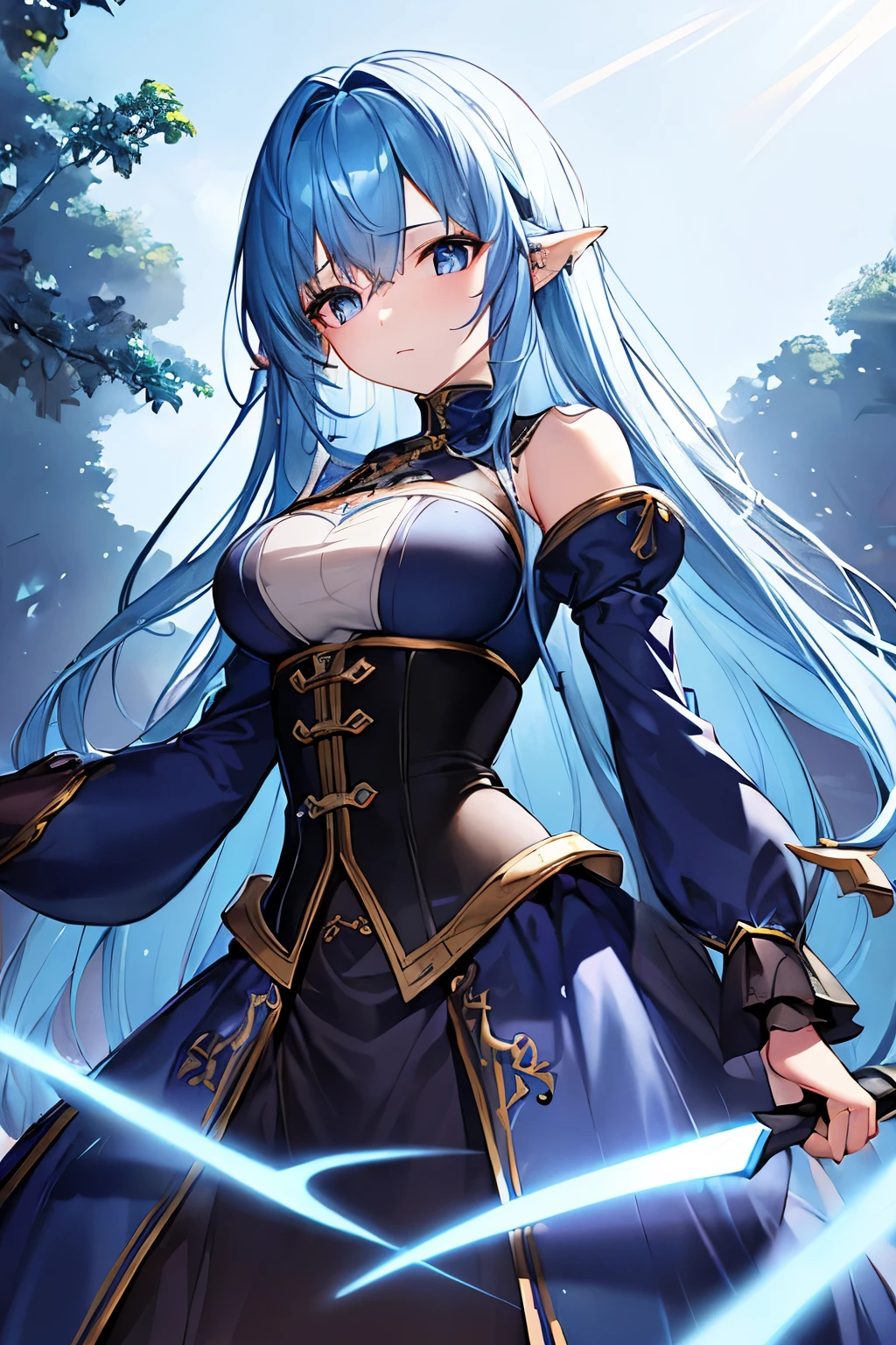 (4K、high resolution、Detailed light、Detailed Shadows、Detailed Design)、1 girl、Light blue hair、Long Hair、Fantasy Clothing、Priest、Radical、(Aggressive design、Bustier)、