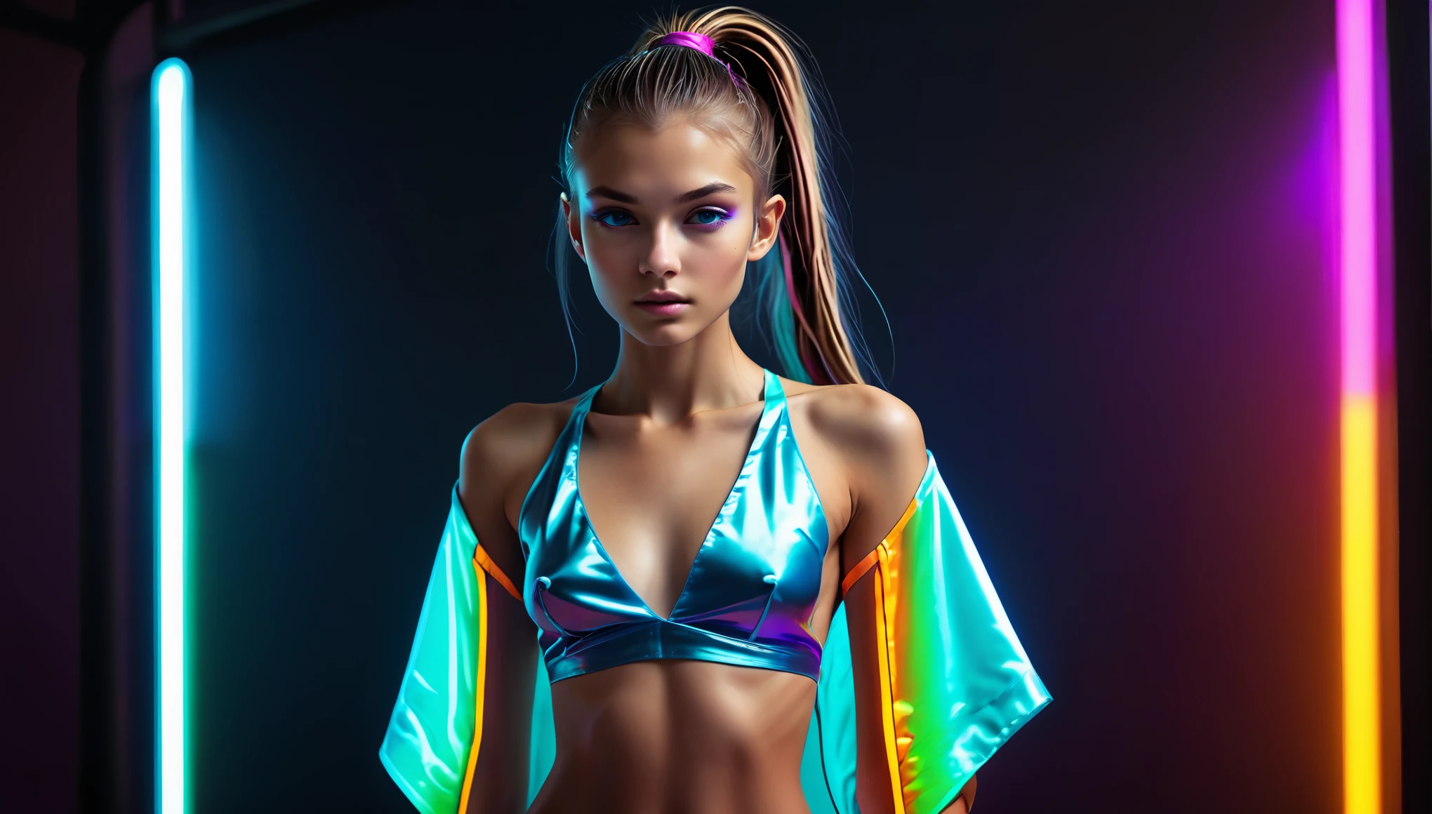 Top Quality, Masterpiece, High Resolution, 8k, (((cute skinny barely legal girl in oversized satin Spa Wrap Top, random neon colors, medium perky breasts, beautiful detailed eyes, beautiful detailed lips, small closed mouth, extremely detailed face, long ponytail hair, small hips))), cyberpunk spa, moody atmosphere, dramatic and neon colors, futuristic setting, intricate details, at night, backlit, full body shot, view from distance, random neon colors
