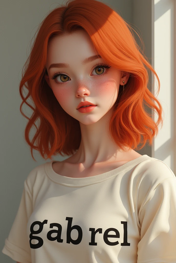 make a reddish red hair girl wearing a shirt written Gabriel realistic detailed looks like a person 