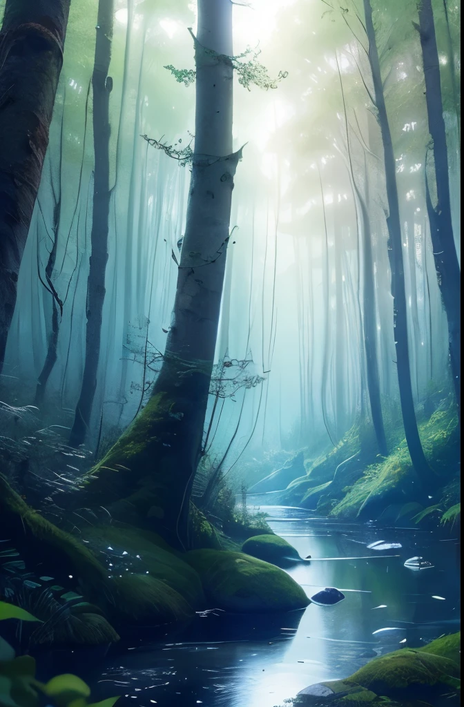 a picture taken from a distance of a forest with a stream running through it, lost in a dreamy fairy landscape, very magical and dreamy, magical forest in the background, in a magical forest, magic fairy forest, fairy forest, in the magical forest, magical forest, magical forest with fireflies, fairytale forest, magical environment, in a whimsical fairytale forest