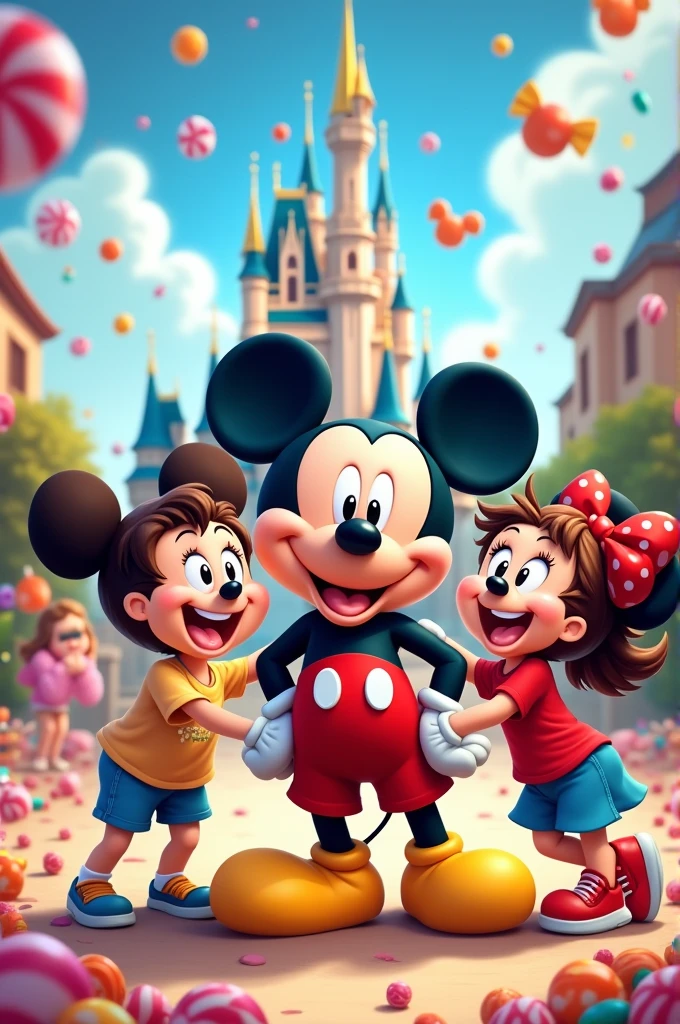 Happy in the Disney world, with mickey mouse and candies, 2D cartoon picture