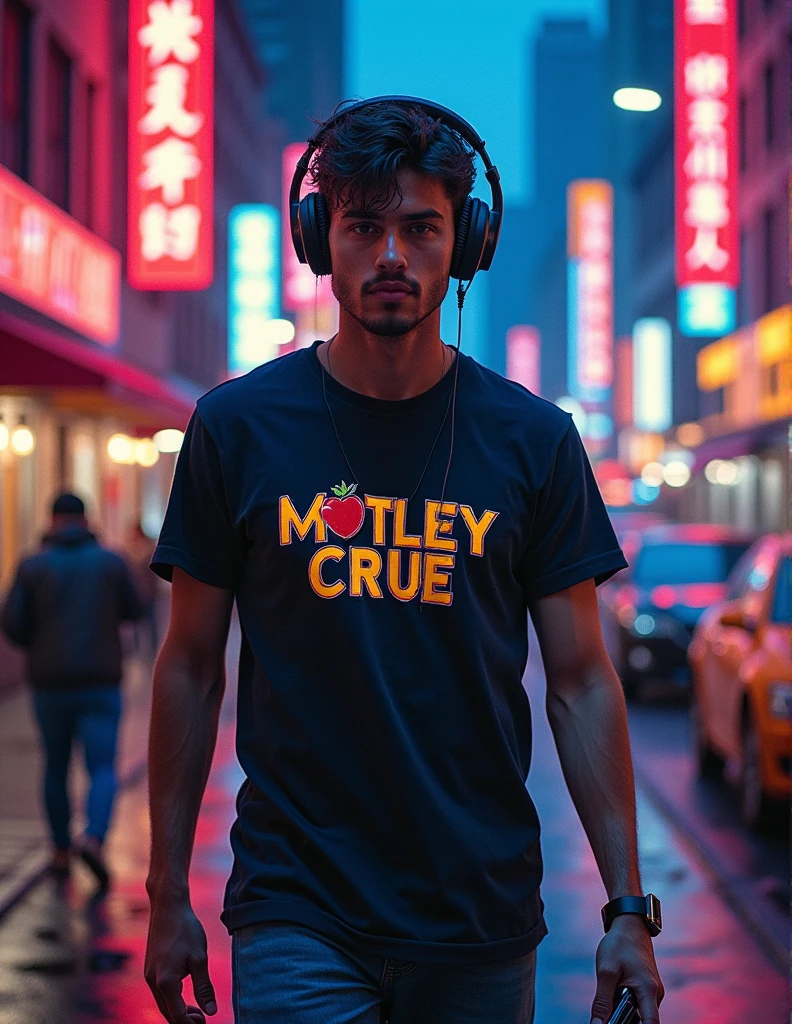 A cinematic medium shot of a Generation Z dude walking down a neon-lit city street. He is wearing a T-shirt with the text "Mötley Crüe" on it, cordless Bluetooth headphones, and carries a sophisticated smartphone. The background is a vibrant cityscape with tall buildings and neon signs. The image has a realistic oil on canvas painting style and is trending on arstation.