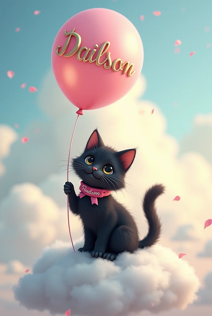 Cute black cat with a pink collar with Pandora written on it , sitting on a fluffy white cloud ,holding a balloon with the name Dailson,in luxury letters