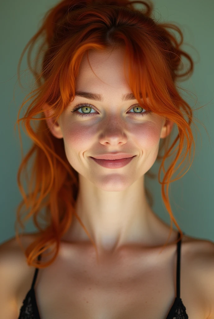 Young woman with red hair, green eyes, medium breasts, don&#39;t wear a bra, smiling, messy ponytail hair, more realistic skin texture, style: raw, Photo taken with Canon EOS 3 and Kodak Gold 400.