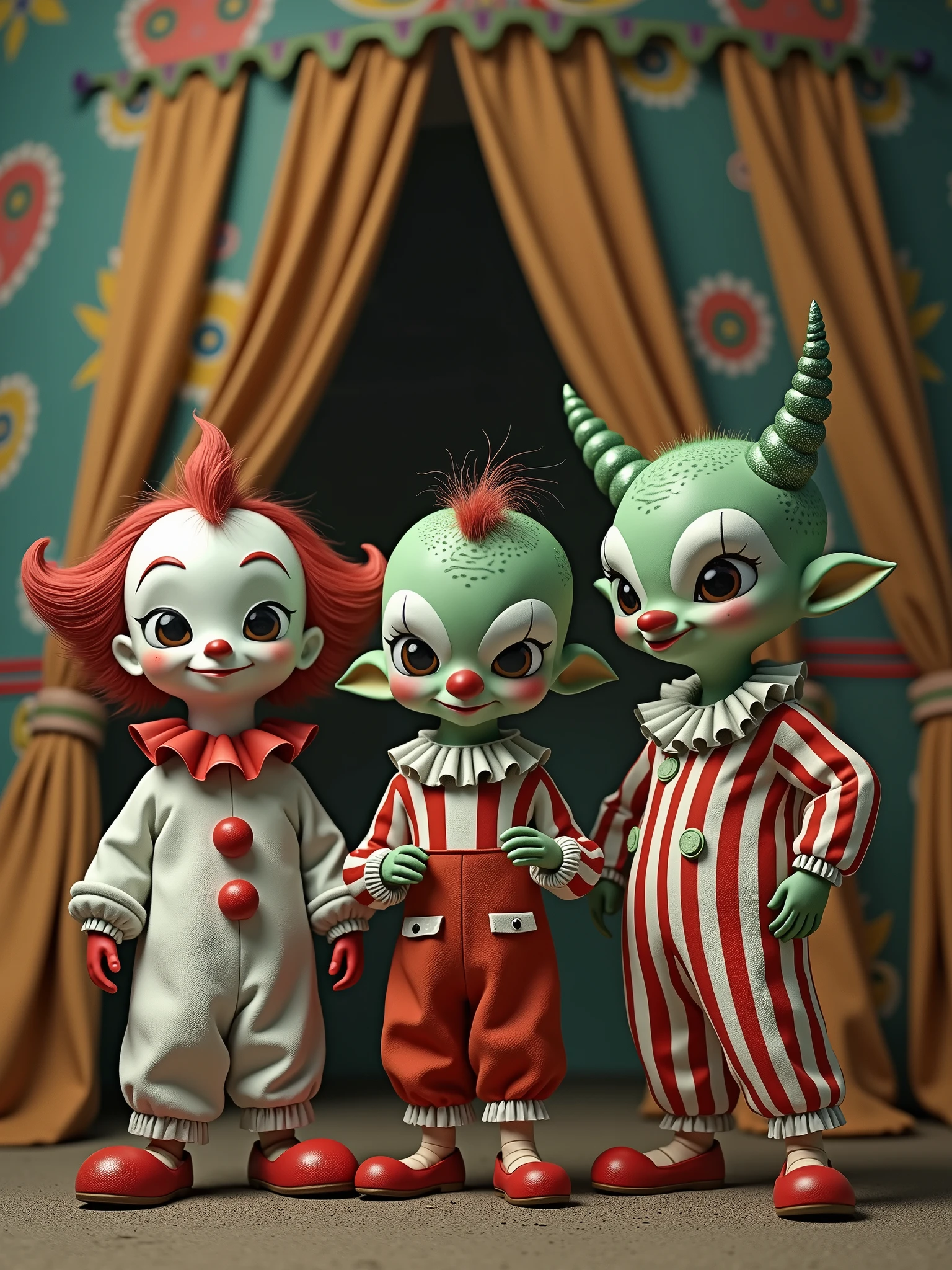 A photo of strange creatures, a mix of vintage clowns and Draags in the style of Rene Laloux. The vintage clowns have red and white striped suits, red noses, and white makeup on their faces. The Draags have green skin, large eyes, and wear white robes. They are standing in a circus tent with colorful patterns on the walls.