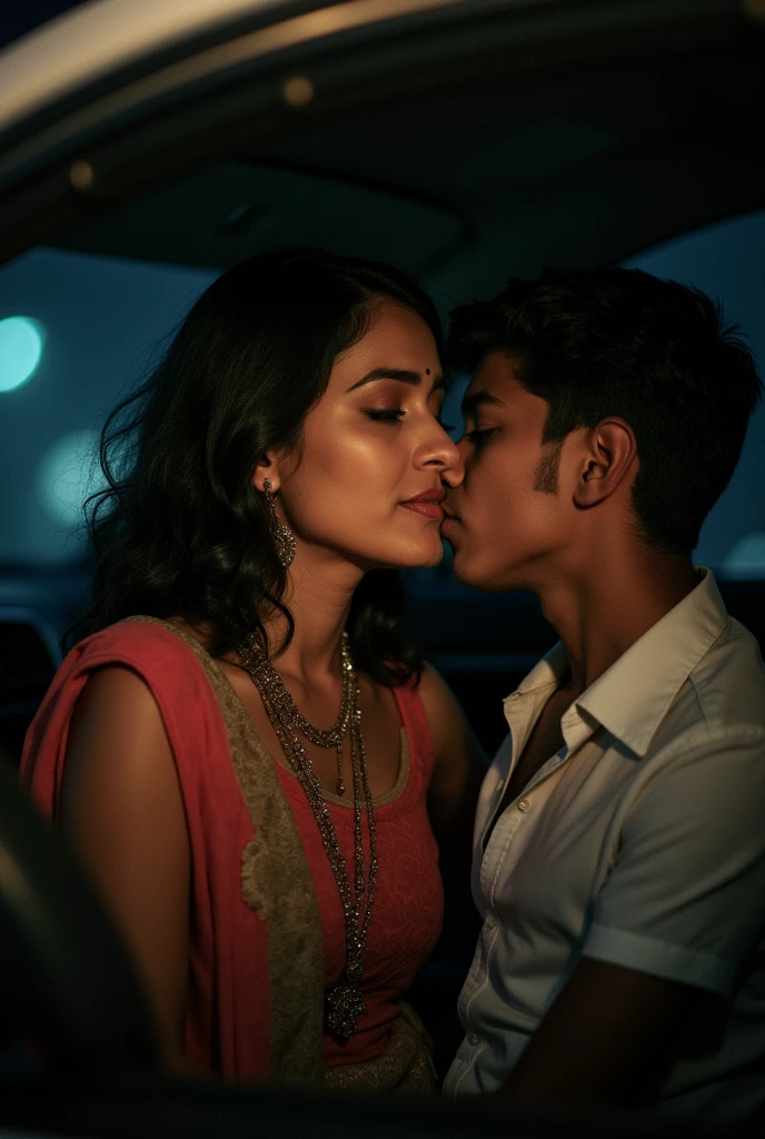 Indian 40 year old woman wears kurta and slacks, sitting on back seat of the car at night, , seductive and sexual facial expressions. And Indian teenage boy is sitting behind her, kissing her neck.