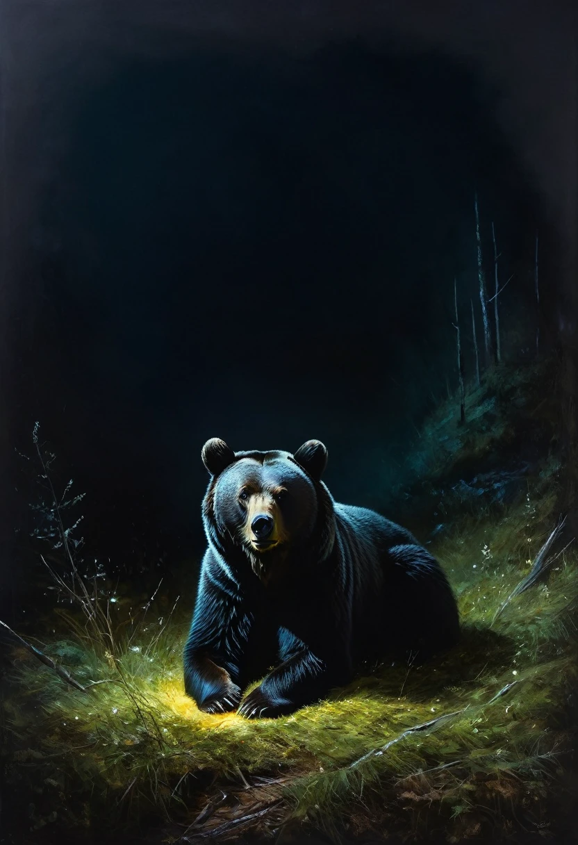 painting of a the bear is lying in the clearing, dark atmosphere, cinematic scene, volumetric lights, ultra realistic, in the style of nicola samori