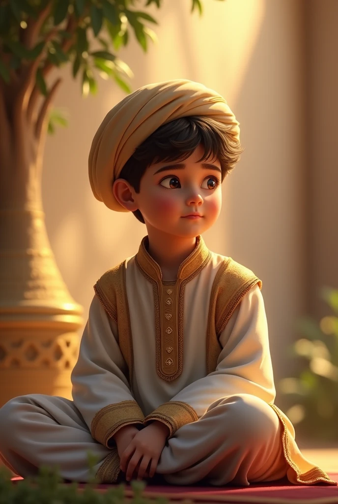 A Muslim boy will be sitting wearing a cap, Punjabi clothes, lighting in the background, pleasant atmosphere.