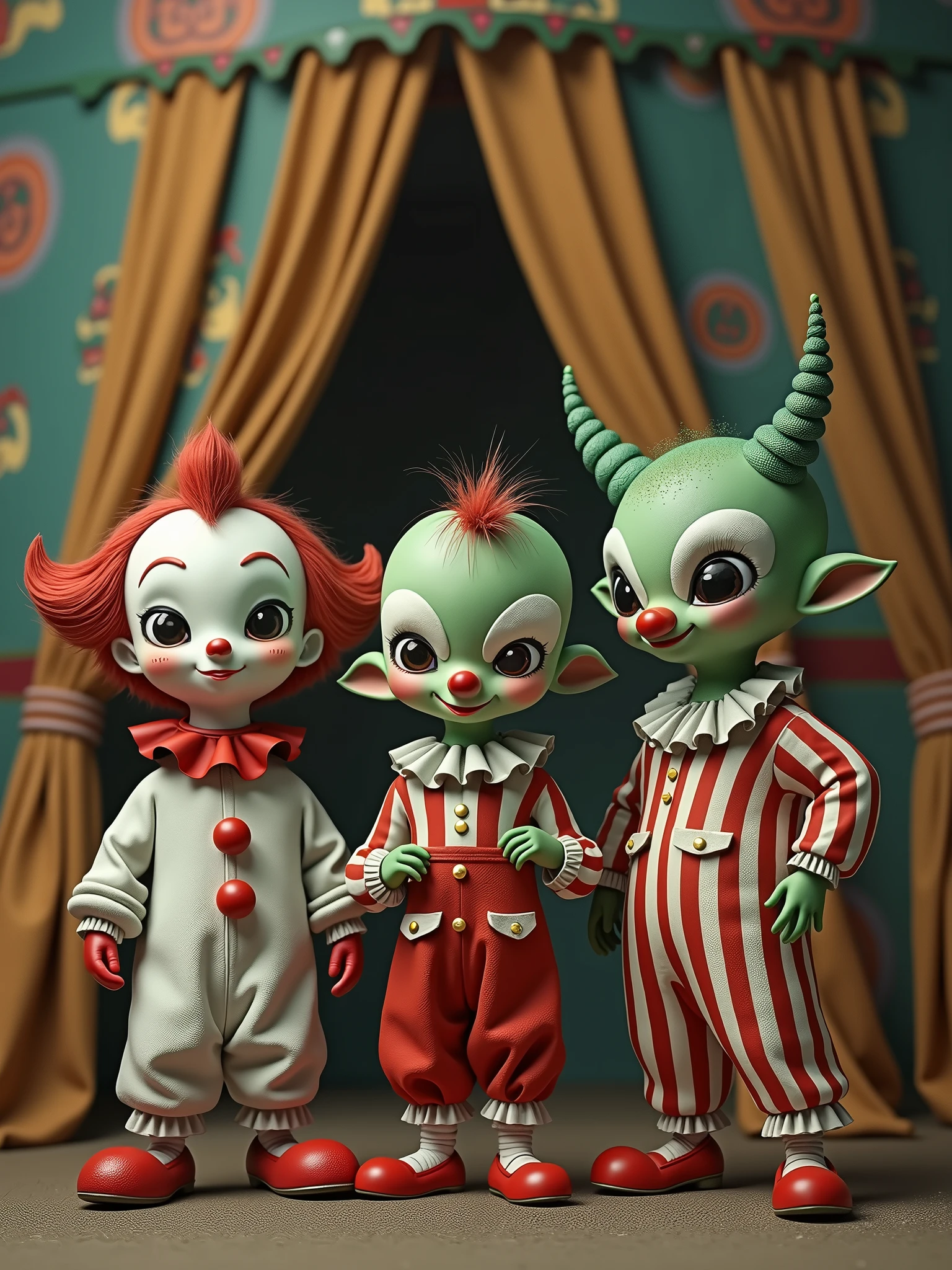 A photo of strange creatures, a mix of vintage clowns and Draags in the style of Rene Laloux. The vintage clowns have red and white striped suits, red noses, and white makeup on their faces. The Draags have green skin, large eyes, and wear white robes. They are standing in a circus tent with colorful patterns on the walls.