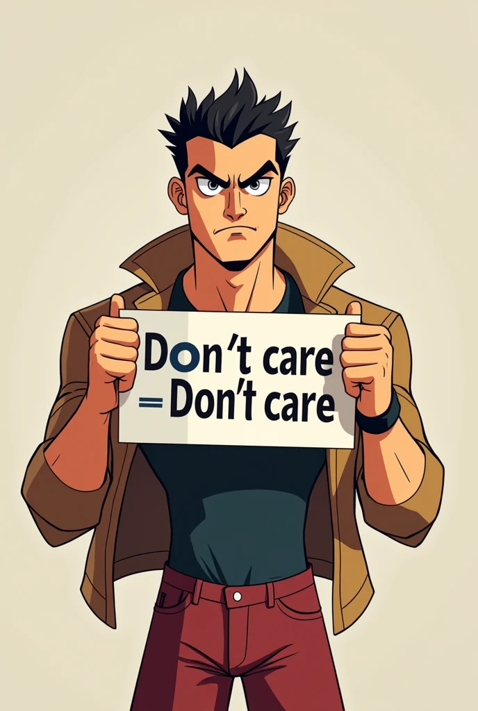 A animated Sigma male holding board of " don't care" ritten on this board 