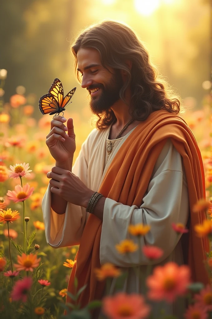 "In a field of colorful flowers, Jesus smiles warmly as he faces forward, holding a delicate butterfly on his finger. The hyper-HD quality showcases the intricate patterns on the butterfly's wings and Jesus’s joyful expression, with vibrant flowers under the soft morning light."