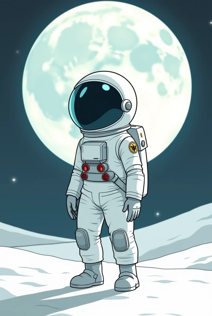A  wear a spacesuit , and  have a white in his hand , colourless ,full moon , comic, 