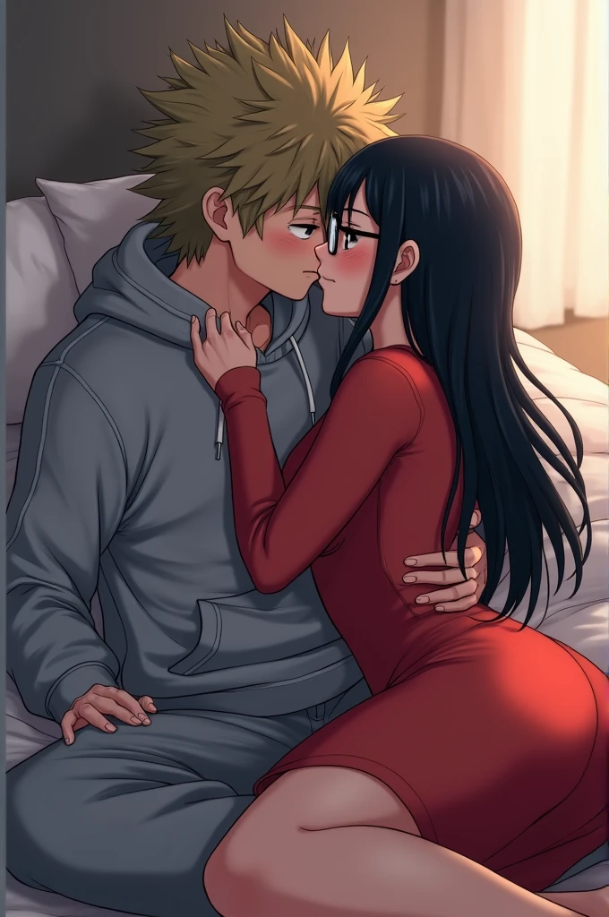 Bakugou from mha wearing a grey hoodie and a sweatpants, and a girl with long jet black hair, with glasses, wearing a red long see through dress. cuddling in bed while bakugou's face in pressed up against her neck.