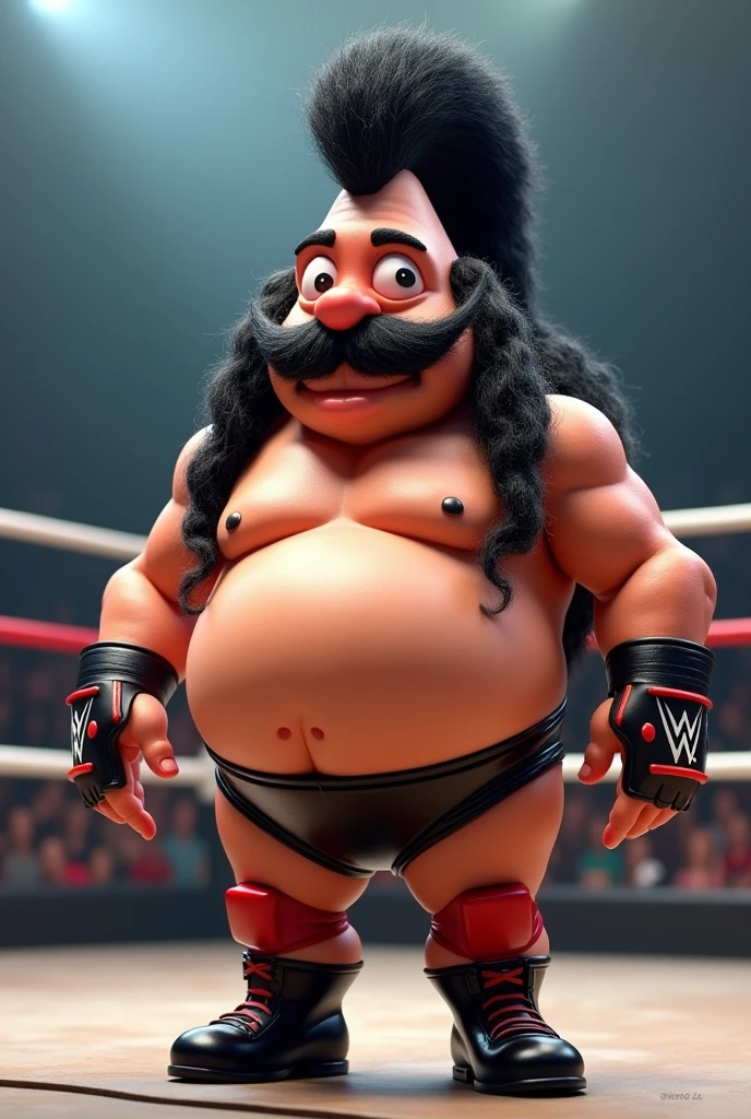 Fat Cartoon Earthworm dressed like WWE wrestler Earthquake
Fat Cartoon tangfish body. Cartoon tangfish head. Cartoon tangfish arms. Cartoon tangfish legs.
Long curly black mullet hair.
Black mustache . Bushy black beard.
Black, red, and white wrestling singlet. Red kneepads. Black wrestling boots.
Standing in a wrestling ring.