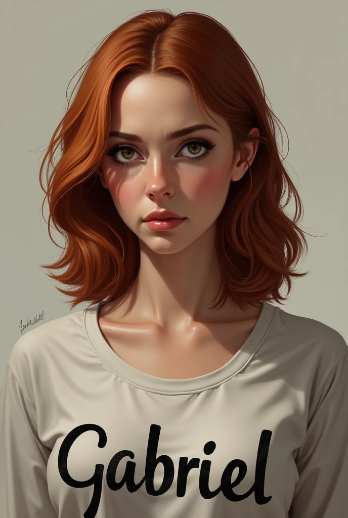 make a girl with reddish red hair wearing a shirt written Gabriel realistically detailed with more serious adult woman features 
