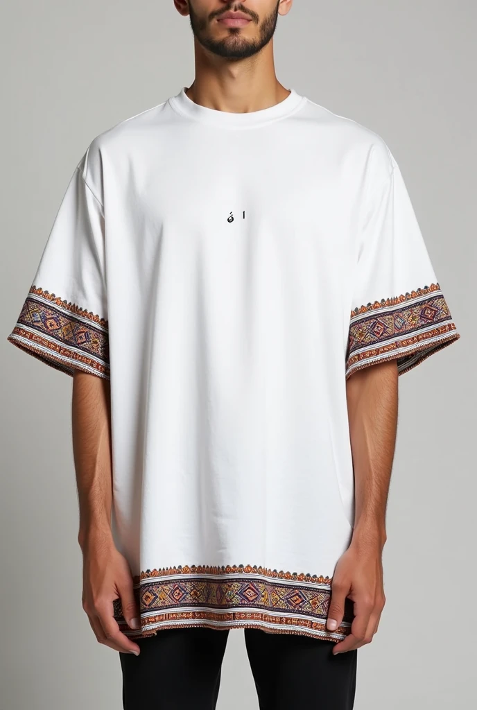 a white oversized men's Tshirt with a traditional Balochi print, which often features intricate geometric patterns and vibrant colors. The print might be placed around the bottom, sleeves, or as a border on the hem.راز should be written on the front.The shirt's overall design would be simple and elegant, allowing the traditional patterns to stand out prominently.