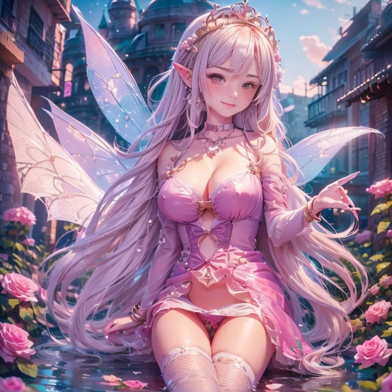 (Princess with wings, Pink, cake, glitter, Dramatic, dreamy, cake, water colour, caprichosa, dainty, tiara dourada, trending in artstation, highy detailed, Complex, portraite, digitalpainting, Fantasy Theme, costume dress, fantasy concept art, fantasy character art, self-righteous, agerPerfect body, fully body, dreamy, cake, water colour, caprichosa, dainty, pink long hair, art by Lois and Lois Van Bahr, Art Station Trend, Very detailed, Complex, portraite, digitalpainting, tremendously beautiful fairy elf, shiny wings, fluffly, 8k, ((master part)), (extremely high quality), (circunstanciado), Beautiful, Big, Beautiful eyes, Beautiful, goddessLiving in a rose garden, of Nature, Queen, hyperreal, hard disk, card, pink fada, Jardim das Pinks
