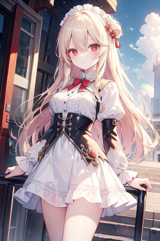 illyasvielvoneinzbern, illyasviel von einzbern, blonde hair, hair between eyes, long hair, (red eyes:1.5),
BREAK ankle boots, boots, frilled skirt, frills, purple footwear, purple shirt, skirt, white skirt,
BREAK outdoors, city, sky, cloud, sun,
BREAK looking at viewer, (cowboy shot:1.5),
BREAK (masterpiece:1.2), best quality, high resolution, unity 8k wallpaper, (illustration:0.8), (beautiful detailed eyes:1.6), extremely detailed face, perfect lighting, extremely detailed CG, (perfect hands, perfect anatomy),