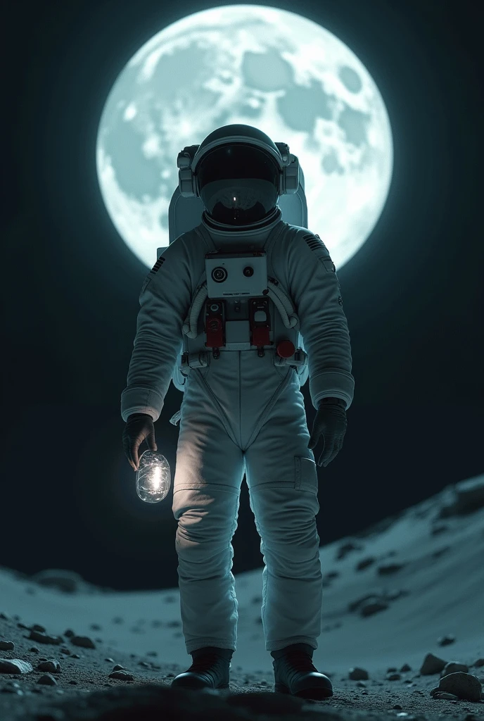 A wear a spacesuit , and have a white in his hand , colourless ,full moon