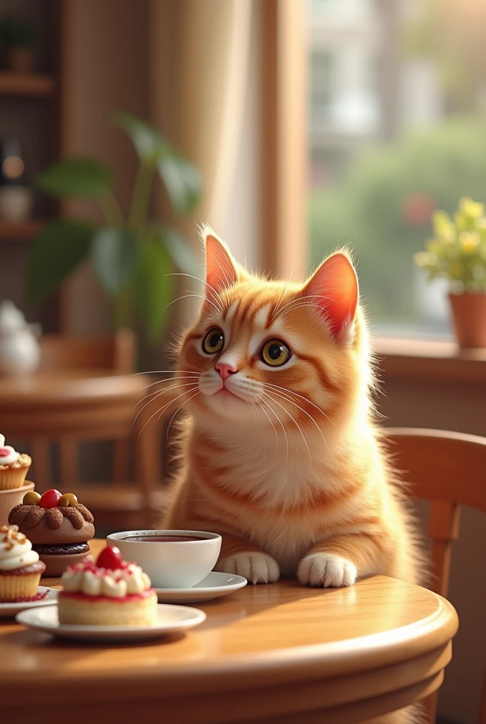 A high-resolution photo in a realistic style featuring a lifelike cat sitting near detailed desserts in a bright and cozy pet café. The background has a soft background music ambiance with realistic lighting, capturing the emotional connection and subtle emotions between the cat and its owner, highlighting a warm atmosphere and the human-animal bond.