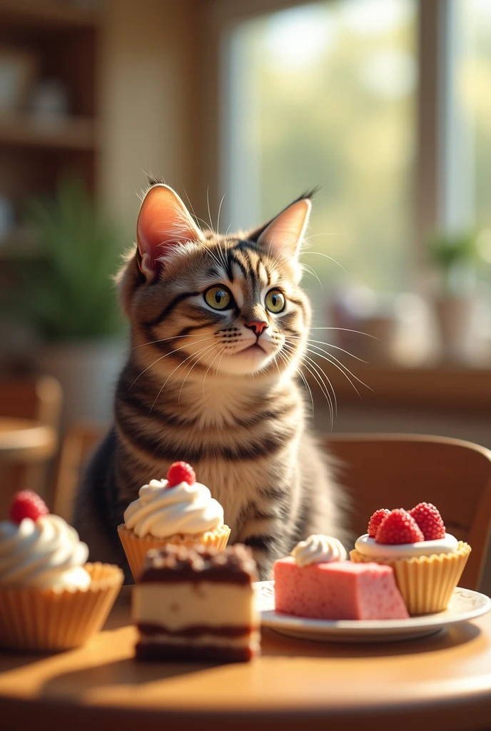 A high-resolution photo in a realistic style featuring a lifelike cat sitting near detailed desserts in a bright and cozy pet café. The background has a soft background music ambiance with realistic lighting, capturing the emotional connection and subtle emotions between the cat and its owner, highlighting a warm atmosphere and the human-animal bond.