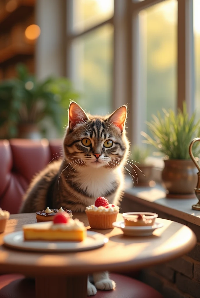 A high-resolution photo in a realistic style featuring a lifelike cat sitting near detailed desserts in a bright and cozy pet café. The background has a soft background music ambiance with realistic lighting, capturing the emotional connection and subtle emotions between the cat and its owner, highlighting a warm atmosphere and the human-animal bond.