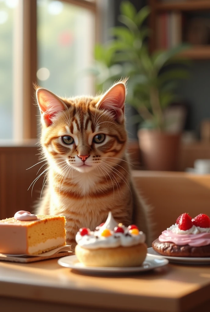 A high-resolution photo in a realistic style featuring a lifelike cat sitting near detailed desserts in a bright and cozy pet café. The background has a soft background music ambiance with realistic lighting, capturing the emotional connection and subtle emotions between the cat and its owner, highlighting a warm atmosphere and the human-animal bond.