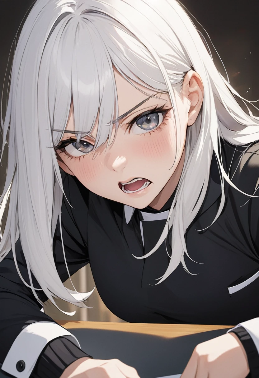 Create an image of a bully with white hair and a black uniform