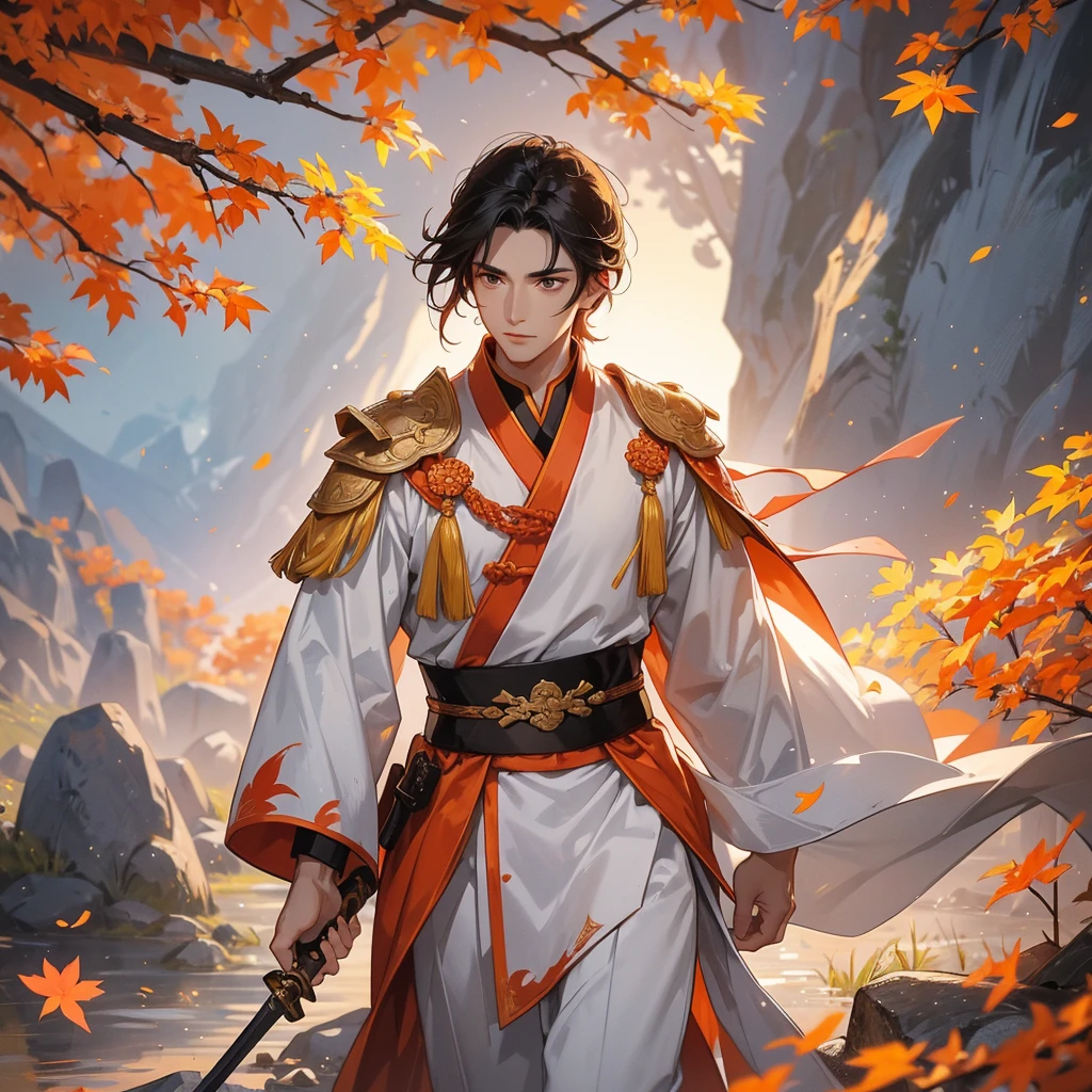 A Handsome black-haired male general holding a large sword in white ancient Chinese general costume, walking In the middle of a spring mountain ,the backdrop is a mountain that turns orange-red in spring, and maple leaves fall from the trees. The sun shines and the sun rises, close up.