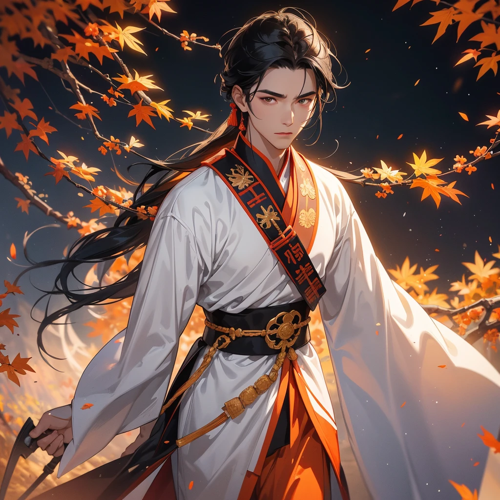 A Handsome black-haired male general holding a large sword in white ancient Chinese general costume, walking In the middle of a spring mountain ,the backdrop is a mountain that turns orange-red in spring, and maple leaves fall from the trees. The sun shines and the sun rises, close up.