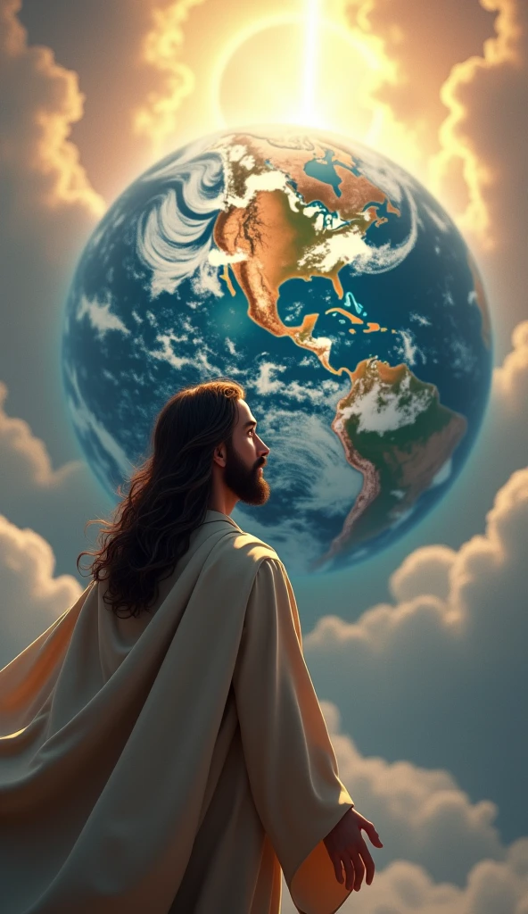jesus looking at earth in chaos pixar 3d drawing style