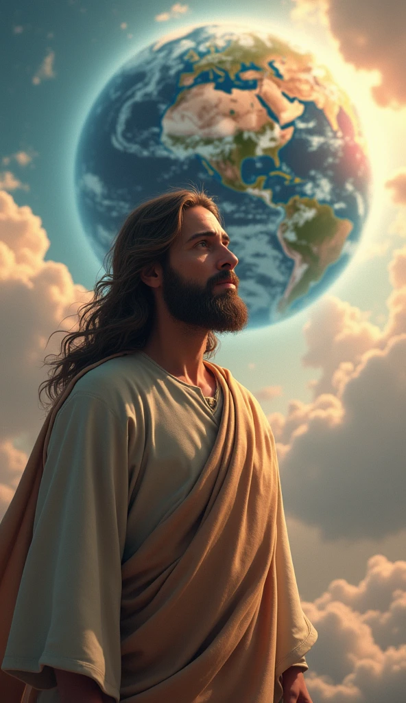 jesus looking at earth in chaos pixar 3d drawing style