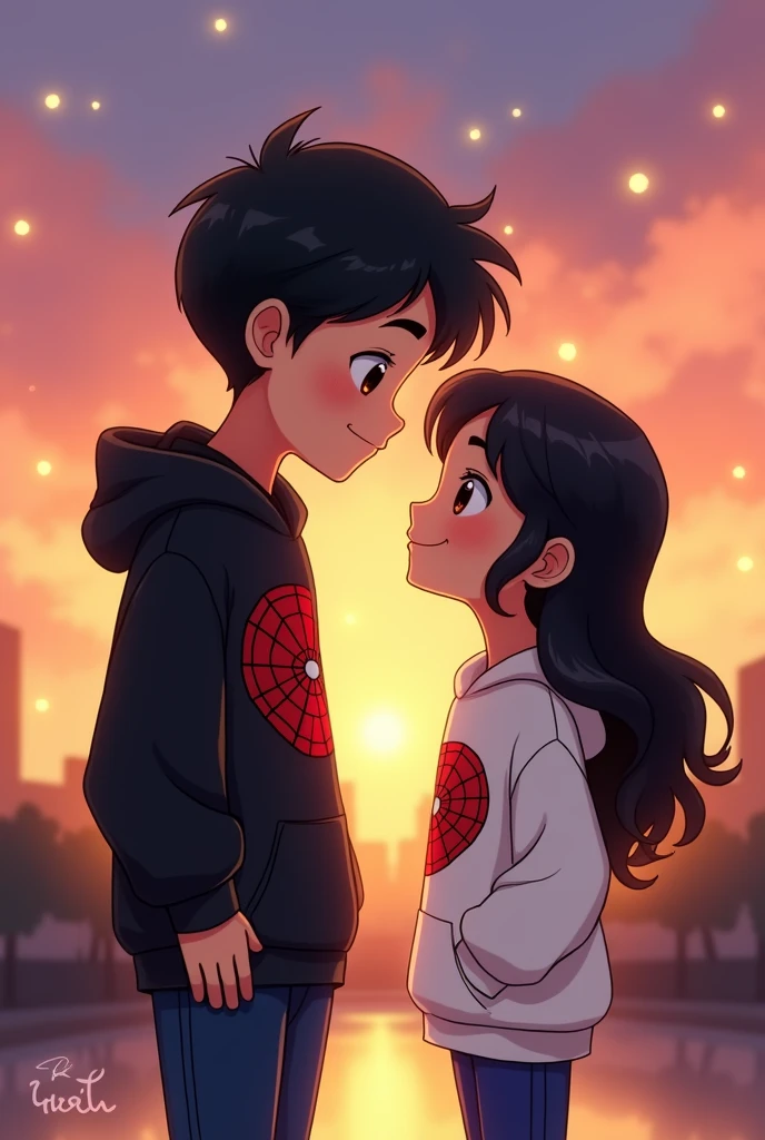 in cartoon version, two young lovers, a tall boy with short black hair, light brown eyes, black spiderman sweatshirt and a short girl, with long black hair, with brown eyes and a white spiderman sweatshirt, looking at each other with a loving face from a meter away, in a sunset