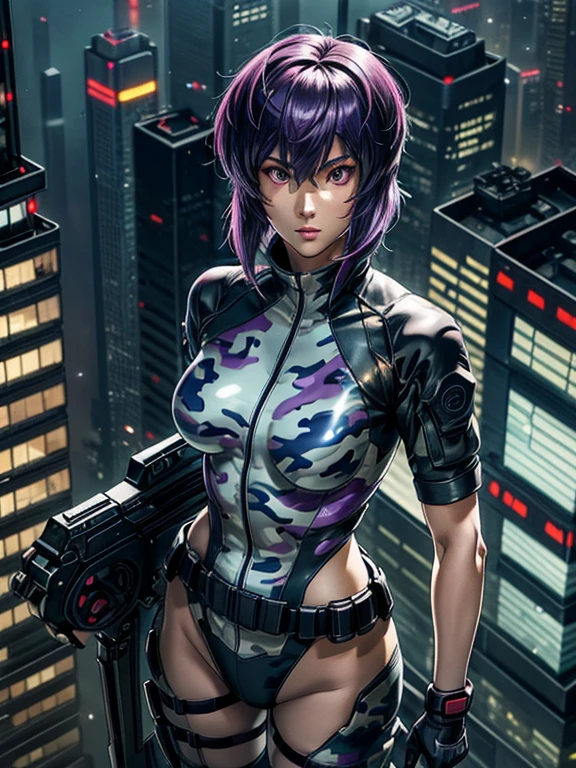 Ghost in the Shell, Motoko Kusanagi, Purple short bob cut, Hair between the eyes, Slightly asymmetrical bangs, ((Optical Camouflage Suit, Optical camouflage suit from the neck down)), Jump up into the sky, view From above, The background is Tokyo's buildings at night, Reflective and shiny, ((Night Scenery)), Lots of window lights, Glitching, ((masterpiece, best quality, high resolution)) 