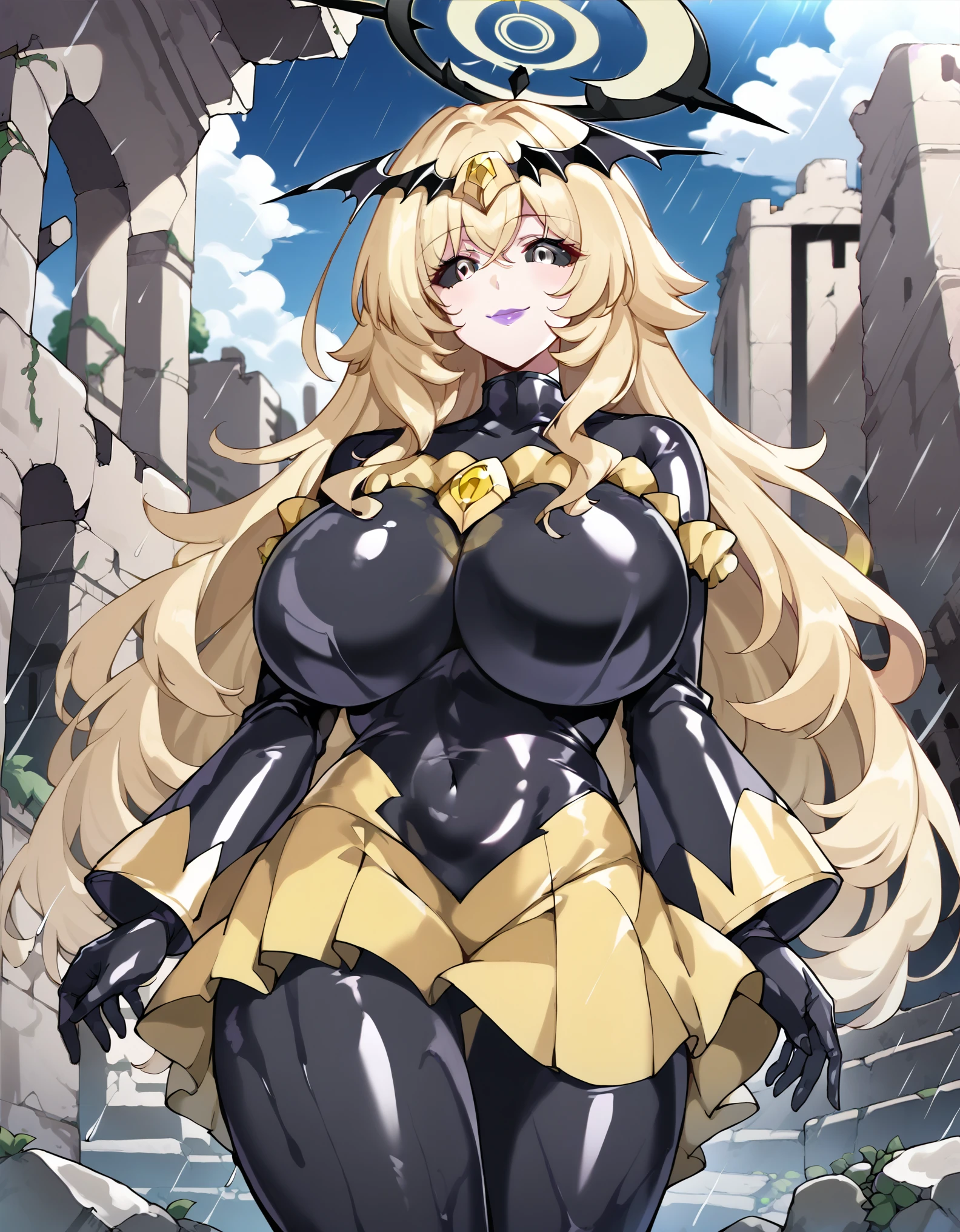 masterpiece, score_9, score_8_up, score_7_up, source_anime, best quality, extremely detailed, 1girl, milf, solo, corrupted, niyaniya, (huge breasts:1.3), ((((blonde hair), long hair, black sclera, white eyes, halo))), purple lips, (((black badend-bodysuit, badend-tiara, yellow frills, yellow skirt, yellow gem, latex bodysuit))), ((yandere, evil smile), closed mouth), ((outdoor, ancient ruins, raining))