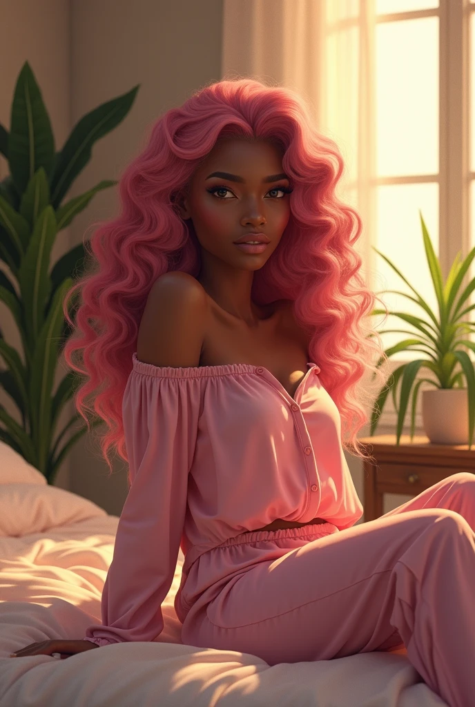 (photorealism:1.2), beautiful black woman, sitting on bed, wearing pink loose off-shoulder top, pajama pants, long curly pink hair, indoors, soft lighting, plants in background, window with sunlight, cozy room, relaxed pose, realistic, intricate details, warm colors, by Greg Rutkowski, by Alphonse Mucha