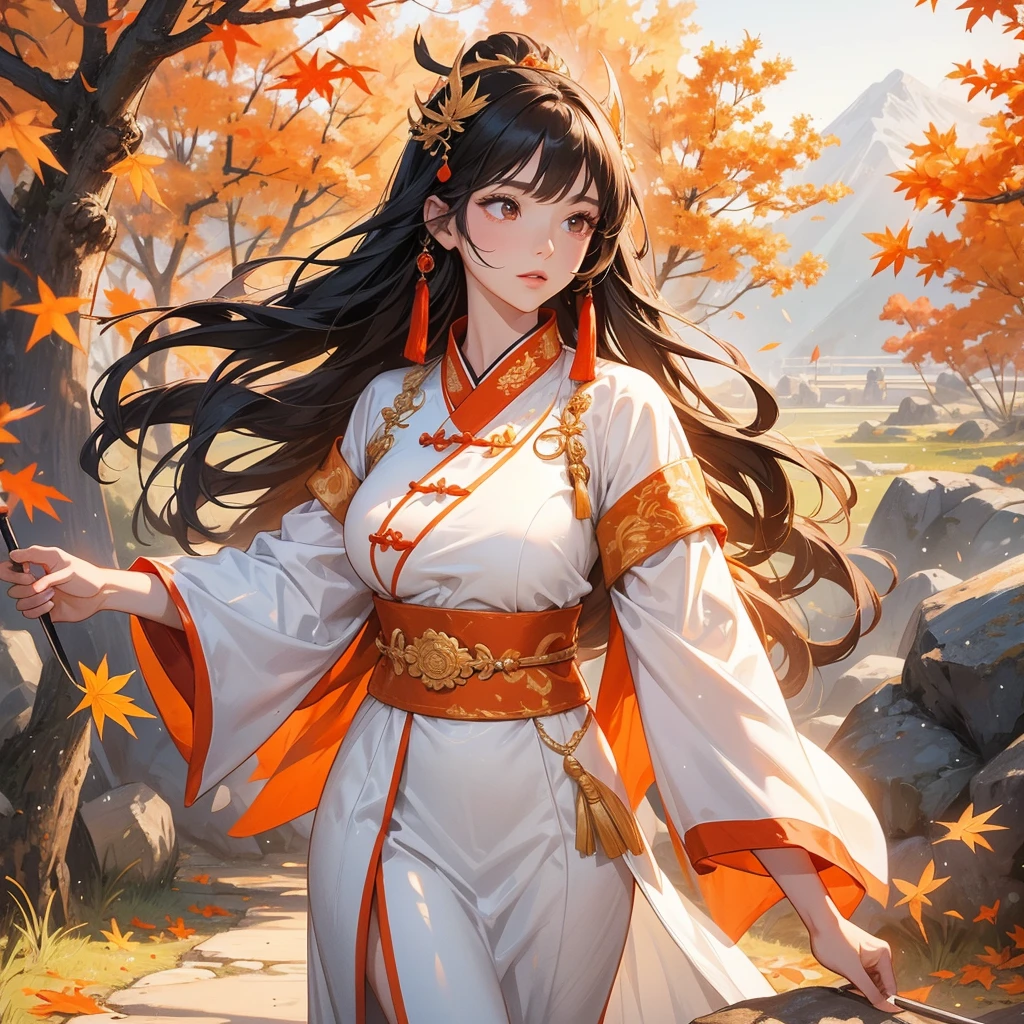 A beautiful female general holding a big spear in white ancient Chinese general costume, walking In the middle of a spring mountain ,the backdrop is a mountain that turns orange-red in spring, and maple leaves fall from the trees. The sun shines and the sun rises, close up.
