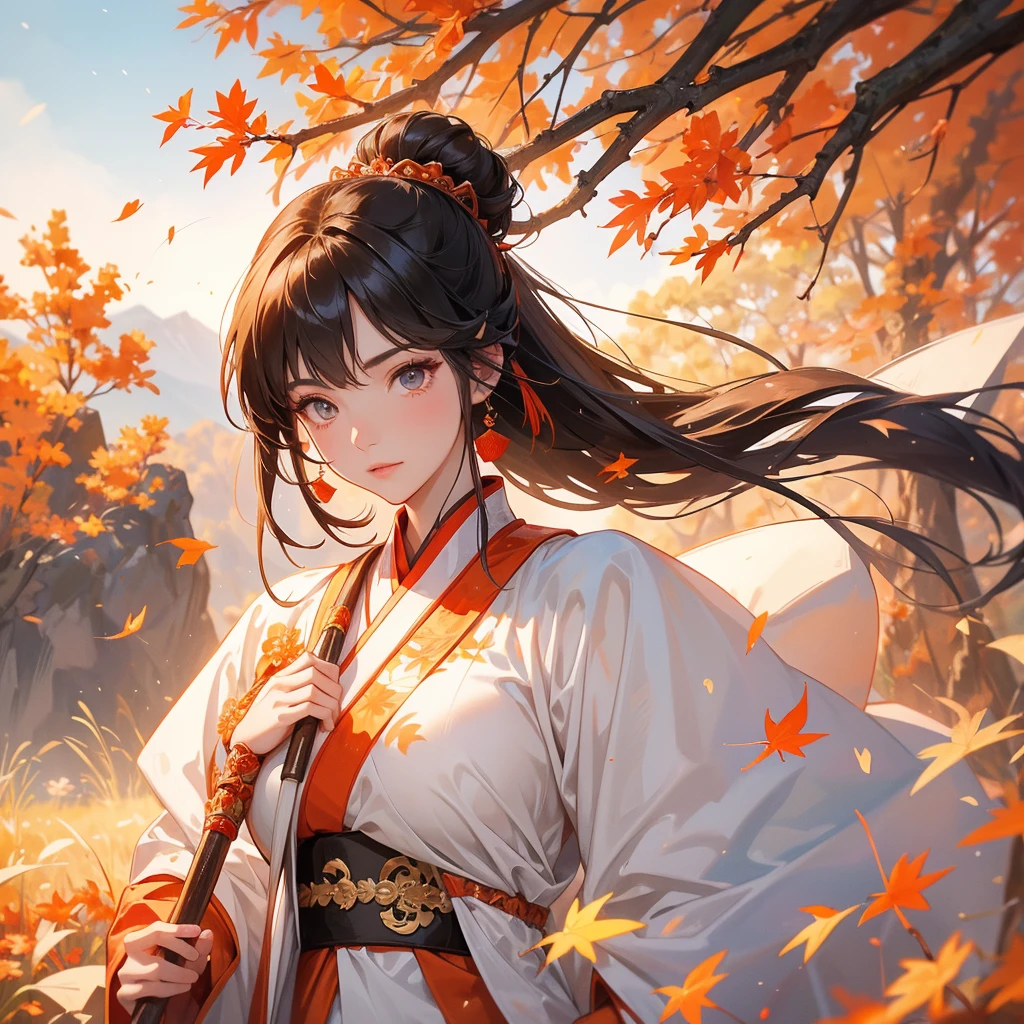A beautiful female general holding a big spear in white ancient Chinese general costume, walking In the middle of a spring mountain ,the backdrop is a mountain that turns orange-red in spring, and maple leaves fall from the trees. The sun shines and the sun rises, close up.