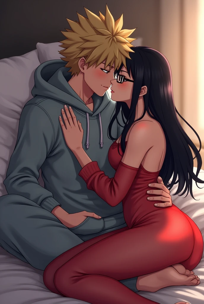 Bakugou from mha wearing a grey hoodie and a sweatpants, and a girl with long jet black hair, with glasses, wearing a red long see through dress. cuddling in bed while bakugou's face in pressed up against her neck.