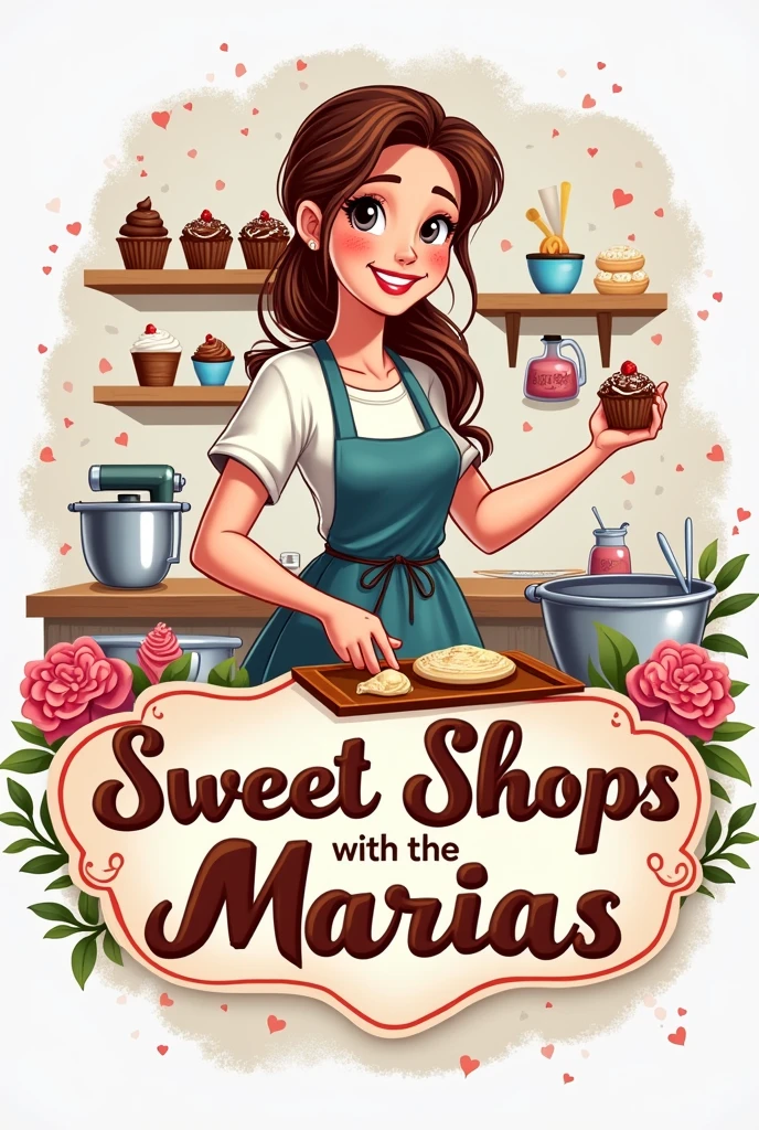 I want a logo of a girl making cupcakes and chocolates with the name "Sweet shops with the Marías" and that it looks colorful and lively or in drawing