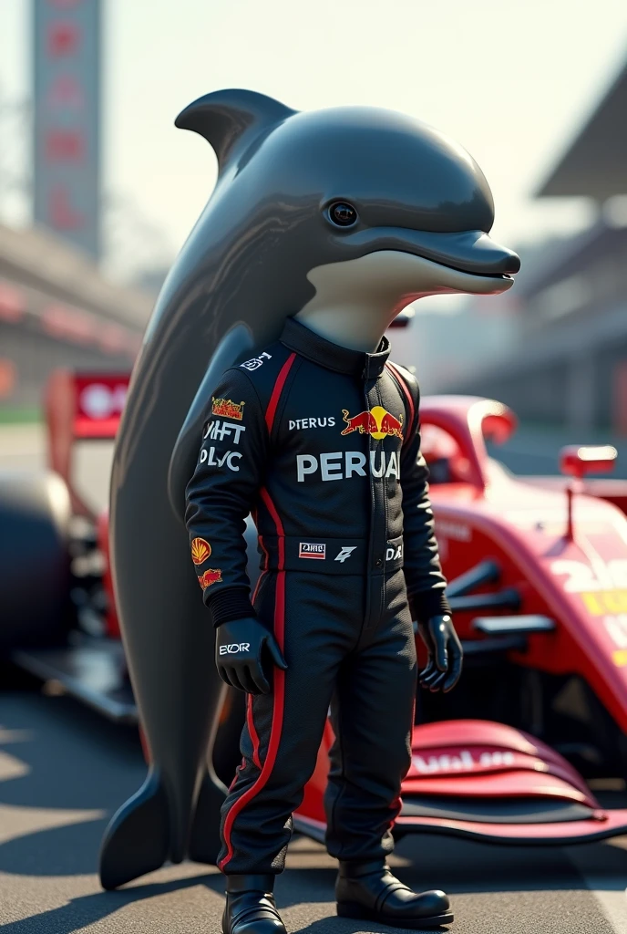 Dolphin as formula one player standing with its car wearing black player costume helmet is in hand