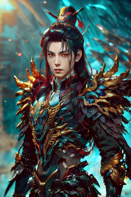  Handsome young xianxia protagonist,alpha male face,handsome, otherworldly beauty,perfect proportion face,no light interfention,man,guy,long black obsidian hair, use floating phoenix crown,Crimson red  eyes  ,eyes focus detailed((no noice)),(((no noice))),and long black hair ,(no noice)),use armour featuring like pattern on taotie chinese divine beast((search image for taotie chinese beastiary))with black dominant color,pauldron protective shape like dragon head,breastplate featuring like Tao tie,breastplate detailed featuring taotie shape,shoulder protective dragon shape like taotie,sun and moon  background, black dominant color,black  dominant color, black dominant color armour,with majestic silver line , ((no noice))And demonic red wings at back,wings at back,terrifying aura around,24K ultra hd,face and eyes detail,lips and face detail,masterpiece ,better quality,ultraa realistic face((no noice)),good face proportion,non noice face,reality face,eyes detailed,((perfect face)),perfect eyes ,perfect lips proportion((balance lips)),perfect face proportion,((balance proportion of face)),((balance and perfect left and right eyes proportion)),((masterpiece))