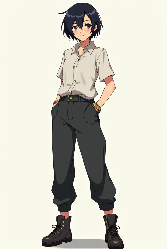 Anime girl with short black hair and boy-like clothes at the age of 18