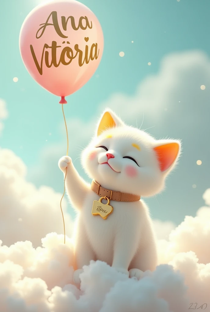 Cute white cat with yellow ear tips ,with a collar that says Godô on it , sitting on a fluffy white cloud ,holding a balloon with the name Ana Vitória ,in luxury letters