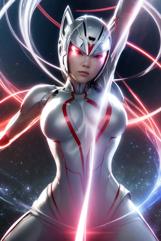 Ultraman、Feminization、Realistic、Realisticな、Cinema Lighting, Shiny Suit、Ultraman's Bodysuit、Shiny silver and red suit、Professional photography、Don&#39;t expose your skin, Large Breasts、Big Ass、Big Belly、Thick tight、Thick arms、Building Background、Background of the metropolis、